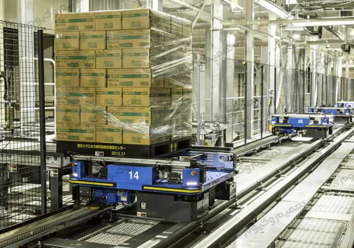 نمای خط انتقال پالت در کارخانه؛ نمونه سیستم انتقال مواد برای انبارش و بسته‌بندی با مسیر ثابت