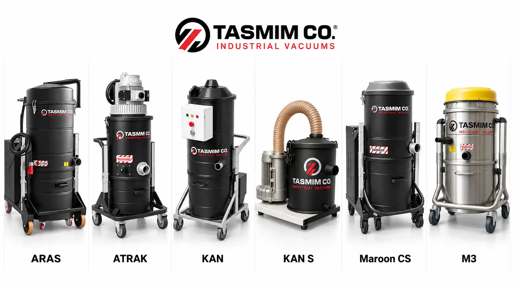 مقایسه تصویری مدل‌های جاروبرقی صنعتی تصمیم وکیوم شامل ARAS، ATRAK، KAN، KAN S، Maroon CS و M3