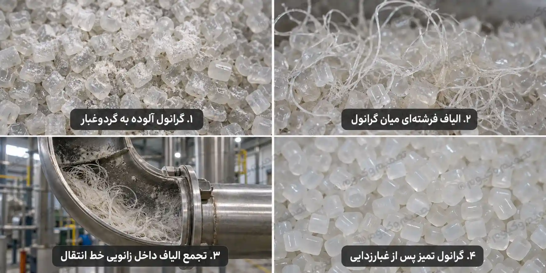 کلاژ عملکرد دیداستر گرانول در حذف گردوغبار و الیاف فرشته‌ای از گرانول و زانویی خط انتقال